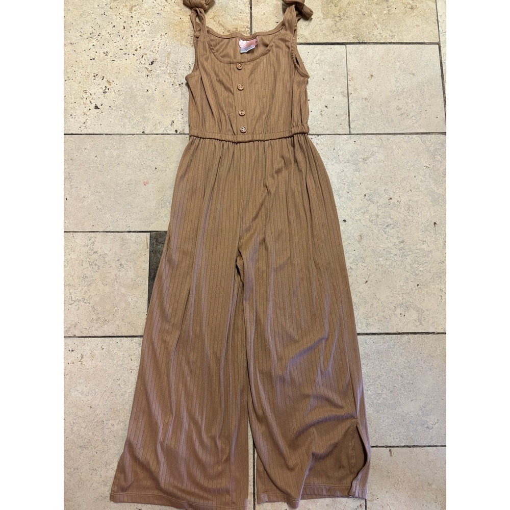 Duchess Girls Ribbed Knit Jumpsuit‎ Tan Brown Tie Shoulder Wide Leg Size 10/12